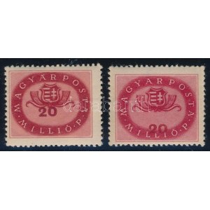 1946 2 db decentrált Milliós 20 millió P bélyeg, az egyiken felfelé, a másikon lefelé tolódott értékszámmal ...