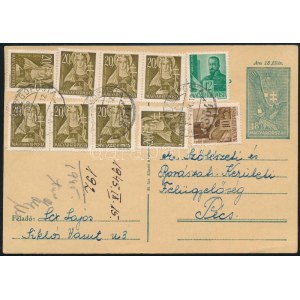 1945 (2. díjszabás) Díjjegyes levelezőlap 10 bélyeggel kiegészítve, mozgóposta bélyegzéssel / PS...