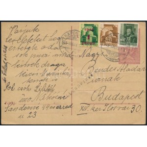 1945 (2. díjszabás) Cenzúrázott 12f díjjegyes levelezőlap 3 db bélyeggel díjkiegészítve / Censores PS...