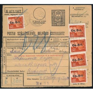 1946 (7. díjszabás) Csomagszállító 10 db illetékbélyeggel / Parcel card with 10 fiscal stamps