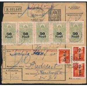1946 (7. díjszabás) Csomagszállító 15 db illetékbélyeggel / Parcel card with 15 fiscal stamps
