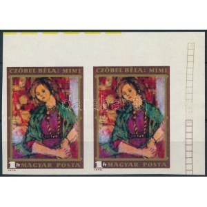1974 Czóbel Béla ívsarki vágott pár ívszéli jelzéssel / Mi 2977 imperforate corner pair