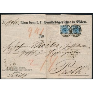 1857 Túlsúlyos ajánlott levél 9kr függőleges párral, hátul 6kr bélyeggel bérmentesítve ...