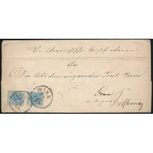 1857 Túlsúlyos levél 9kr függőleges párral bérmentesítve Bécsből Granba, majd onnan továbbküldve Pozsonyba ...