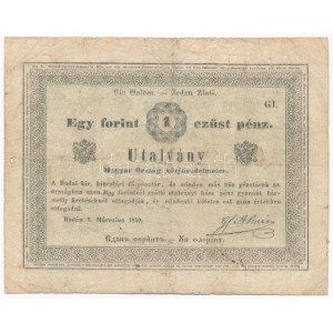 1849. 1Ft Almássy vízjeles papíron, G1 betűjel T:III- ly. / Hungary 1849. 1 Forint Almássy on watermarked paper...