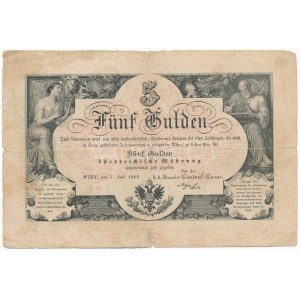 1866. 5G E m 6 piros számozás T:III- hajtás mentén szakadások, ly. / Austrian Empire 1866. 5 Gulden with red E m 6...