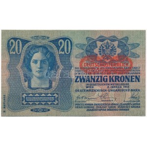 1913. 20K II. kiadás piros DEUTSCHÖSTERREICH felülbélyegzéssel, 1182 200385 T:I- / Hungary 1913...