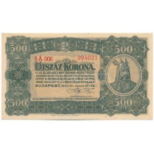 1923. 500K Magyar Pénzjegynyomda Rt. Budapest nyomdahely jelöléssel, 5A 006 994021 T:I- / Hungary 1923. 500 Korona ...