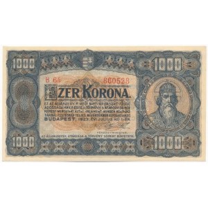 1923. 1000K nyomdahely jelölés nélkül B64 860528 T:I- / Hungary 1923. 1000 Korona B64 860528 C...