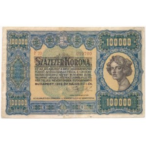 1923. 100.000K Orell Füssli Zürich, F20 010700 sorszámmal T:III restaurált / Hungary 1923. 100.000 Korona ...