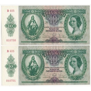 1936. 10P (2x) sorszámkövetők B 405 010750 - B 405 010751 T:I / Hungary 1936. 10 Pengő (2x) consecutive serials ...