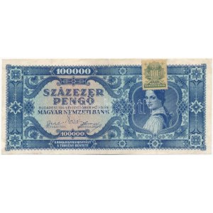 1945. 100.000P kék színű, zöld MNB bélyeggel, M017 047953 T:III restaurált / Hungary 1945. 100...