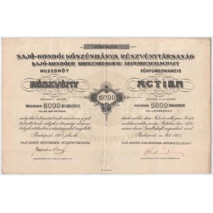 Budapest 1923. Sajó-Kondói Kőszénbánya Részvénytársaság 25db részvénye egyben, összesen 5000K-ról, szelvényekkel...