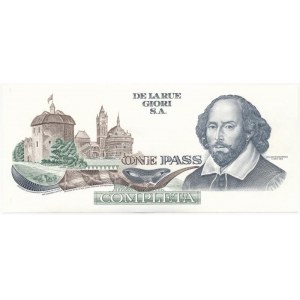 Svájc ~2000. Egyoldalas bankjegy tervezet One Pass (Belépő?) nyomattal, Shakespeare hátlapi tervezettel...