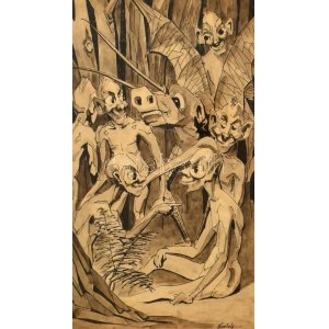 Kontuly Béla (1904-1983): Fantasztikus jelenet. Lavírozott tus, papír. Jelzett. Üvegezett fa keretben, 26,5×15 cm...