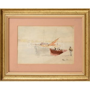 Bor Pál (1889-1982): Kikötő vitorlással(Velence?). Akvarell, ceruza, papír, jelzett, üvegezett fakeretben, 20,5×30 cm ...