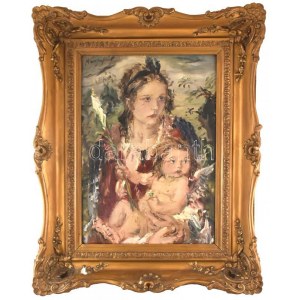 Náray Aurél (1883-1948): Anya gyermekével. Olaj, vászon. Jelezve balra fent. Sérült. Dekoratív, sérült fakeretben...