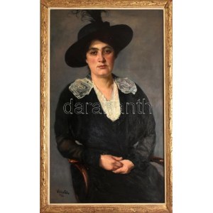 Widder Félix (1874-1939): Hölgy divatos kalapban, 1916. Olaj, fa, jelzett. Dekoratív fakeretben...