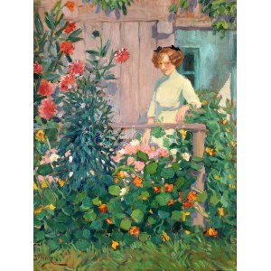 Illencz Lipót (1882-1950): Lány virágokkal. Olaj, karton, jelzett. Dekoratív, kissé sérült sérült antik keretben...