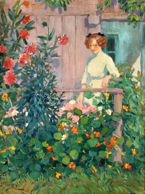 Illencz Lipót (1882-1950): Lány virágokkal. Olaj, karton, jelzett. Dekoratív, kissé sérült sérült antik keretben...