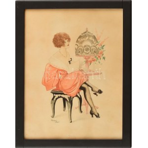 Faragó Géza (1877-1928): Olvasó. Akvarell, ceruza, papír, jelzett, üvegezett fakeretben, 37×28,5 cm ...