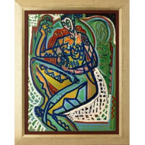Kozma István (1937-2020): Női akt. Olaj, vászon, jelezve jobbra fent és jobbra lent, 80×60 cm. Dekoratív fa keretben ...