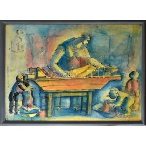 Szabó Zoltán, Angyalföldi (1929-2014): Család. Akvarell, papír, jelezve balra lent. Üvegezett fakeretben. 62×85 cm. ...