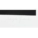Frank Magda (1914-1997): Geometrikus szoborterv. Szitanyomat, papír, jelzett, 32,5×21 cm