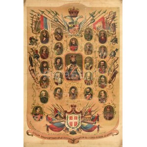 cca 1920 A szerb királyok és családjuk nagyméretű litografált képe, vásznon, gyűrődésekkel ...