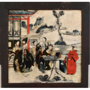 Kínai márvány kép. Kézzel festett, XIX. sz. ragasztott 31x31 cm / Chinese marble picture. Hand painted, cracked...