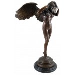 Jelzés nélkül: Női akt angyalszárnyakkal. Öntött, patinázott bronz, márvány talapzaton, lábánál javításnyomokkal, m...