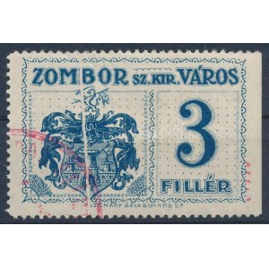 1914 Zombor városi okmánybélyeg papírránccal / fiscal stamp with paper crease