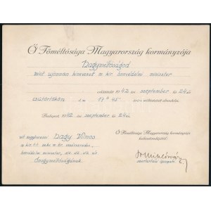 1942 A kormányzói kabinetiroda által kitöltött okmány vitéz nagybaczoni Nagy Vilmos (1884-1976...