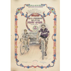 1959 Bp., a Budapesti Kerékpáros Szövetség által kiállított, kézzel rajzolt, grafikus oklevél, a 200 km...