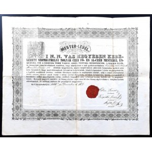 1866 Szombathely, Díszes molnár céh mester levél, töredezett viaszpecséttel, aláírásokkal, hajtott, kissé foltos...