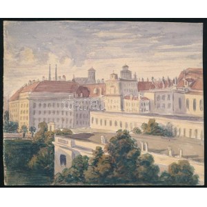 1870 Bécs, kilátás az Albrecht főherceg palota 3. emeletéről a várra, hátoldalon feliratozott akvarell kép, 14,5×17...
