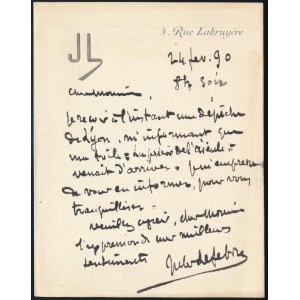 1890 Jules Lefebvre (1836-1911) francia festőművész saját kézzel írt levele, saját kézzel írt aláírásával...
