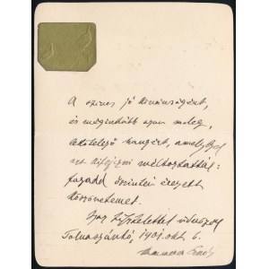 1901 Kammerer Ernő (1856-1920) ja Szépművészeti Múzeum első igazgatójának (1901-1914) saját kézzel írt köszönő levele...