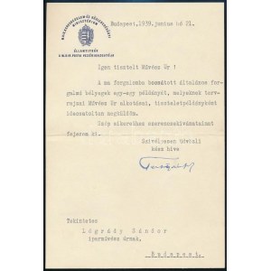 1939 Tersztyánszky Ákos (1876-1956) M. Kir. Posta vezérigazgatójának, a M. Kir. Kereskedelem...