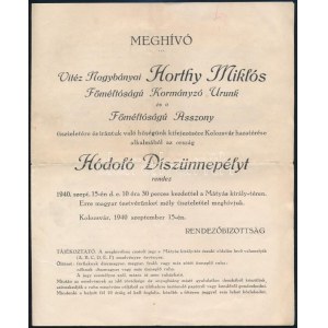 1940 Kolozsvár, meghívó Erdély visszatérte alkalmából rendezett hódoló díszünnepélyre, Horthy Miklós részvételével...