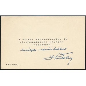cca 1950 Horthy Miklós autográf köszönő sorával és aláírással ellátott üdvözlő kártyája 14x9 cm