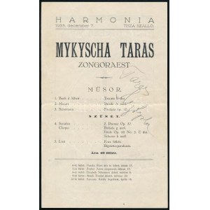1933 Debrecen, Mykyscha Taras zongoraestjének műsora a művész autográf aláírásával ...