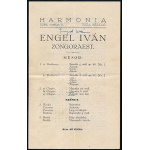 1934 Engel István zongoraestjének műsora a művész autográf aláírásával