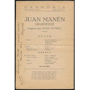 1934 Debrecen, Juan Manén hegedűestjének műsora a művész autográf aláírásával ...