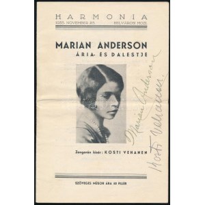 1935 Szeged, Marian Anderson ária és dalest műsora a művész autográf aláírásával ...