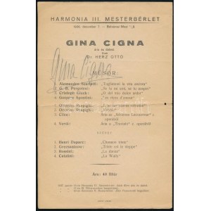 1936 Szeged, Gina Cigna ária és dalest műsora a művész autográf aláírásával ...