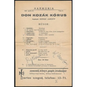 1937 Szeged, Bokor Margit ária és dalestjének műsora a művész autográf aláírásával ...