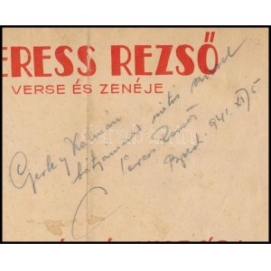 1941 Seress Rezső (1899-1968) zeneszerző, zongorista autográf aláírása, két általa szerzett dal (Gyerünk Bodri kutyám.....