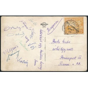 1947 Az FTC labdarúgói által Máltáról hazaküldött képeslap a játokosok Mátrai, Dékány, Kertész, stb ...