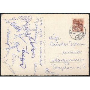 1948 Grasshoppers - Ujpest (6:0) barátságos labdarúgó mérkőzésről a magyar csapat tagjai által aláírt képeslap. Károlyi...